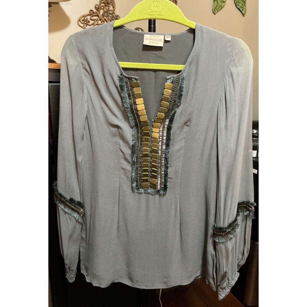 Rungolee Sage Grey Embellished Silk Fringe Tunic Blouse XS Boho Gold Metal Trim